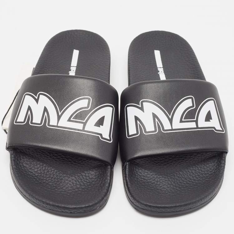 Pre Owned McQ by Alexander McQueen Black Leather and Rubber Logo Pool Slides Size 40