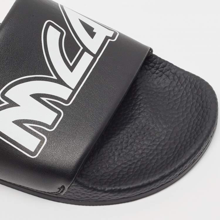 Pre Owned McQ by Alexander McQueen Black Leather and Rubber Logo Pool Slides Size 40