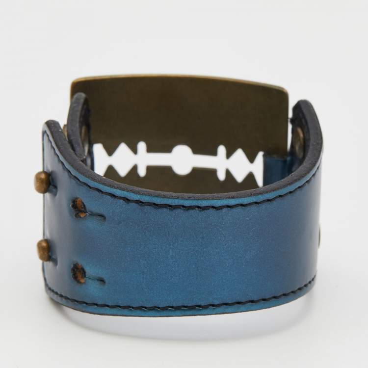 Pre Owned McQ by Alexander McQueen Razor Blade Blue Metallic Leather Wrap Bracelet