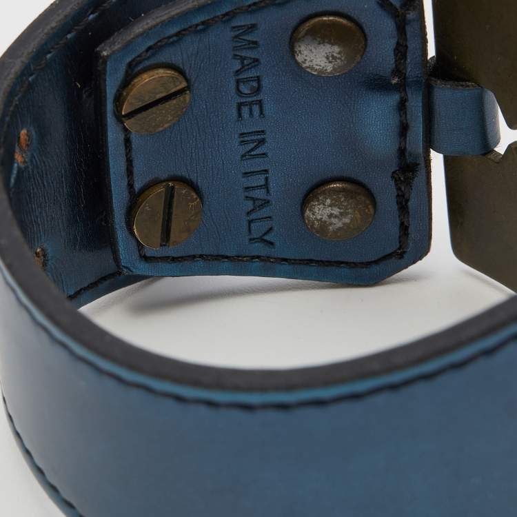 Pre Owned McQ by Alexander McQueen Razor Blade Blue Metallic Leather Wrap Bracelet