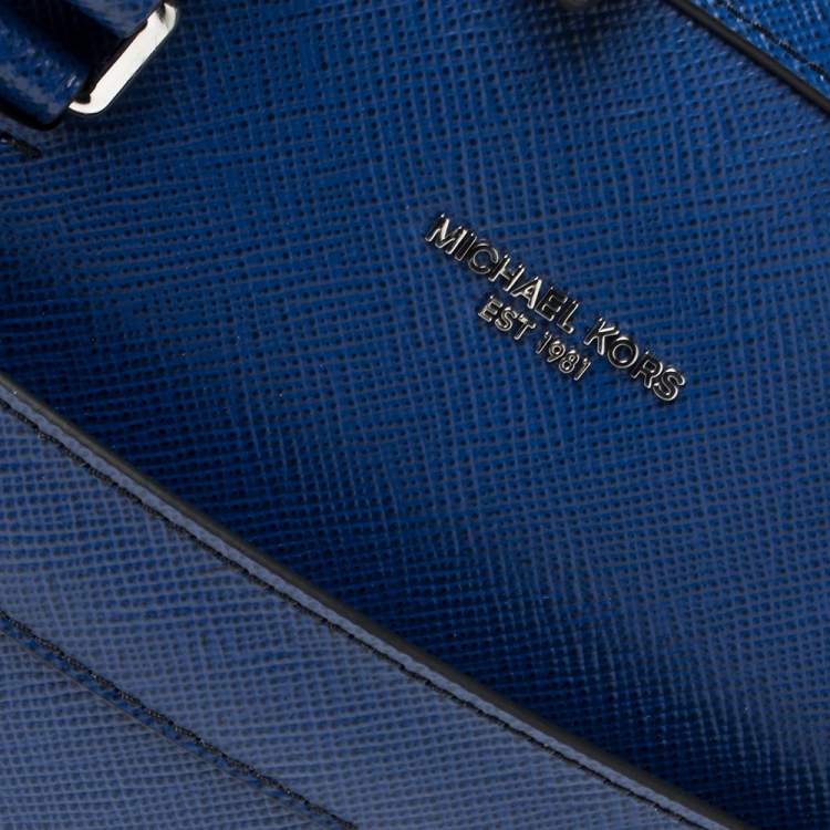 Pre Owned Michael Kors Sapphire Blue Leather Harrison Front Zip Briefcase