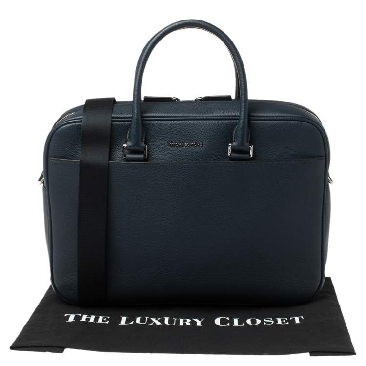 Pre Owned Michael Kors Navy Blue Leather Cooper Double Zip Casual Briefcase 