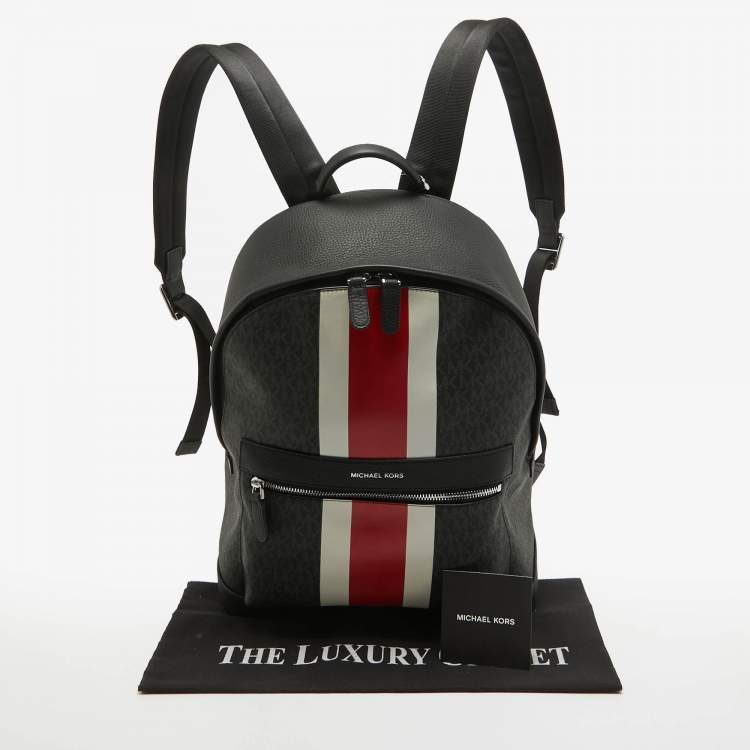 Pre Owned Michael Kors Black/Bright Red Signature Coated Canvas Striped Cooper Backpack