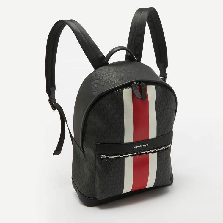 Pre Owned Michael Kors Black/Bright Red Signature Coated Canvas Striped Cooper Backpack