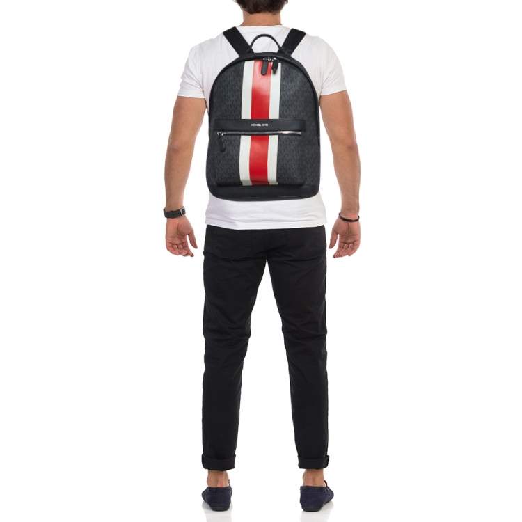 Pre Owned Michael Kors Black/Bright Red Signature Coated Canvas Striped Cooper Backpack