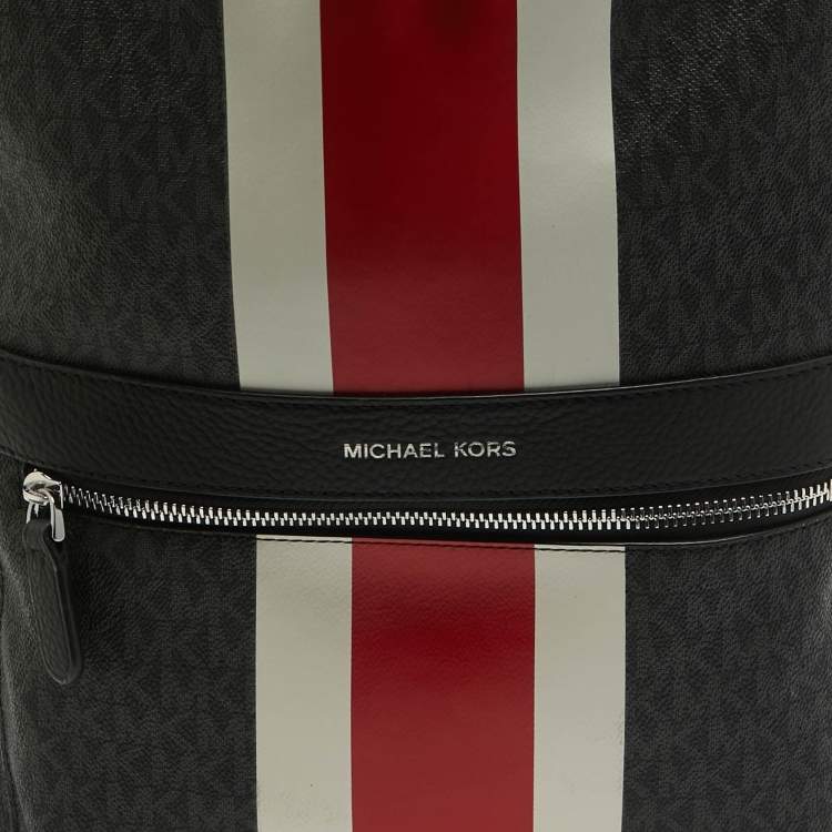 Pre Owned Michael Kors Black/Bright Red Signature Coated Canvas Striped Cooper Backpack