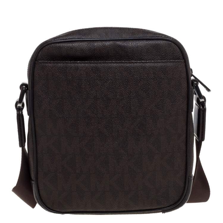 Pre Owned Michael Kors Brown Signature Coated Canvas and Leather Crossbody Bag