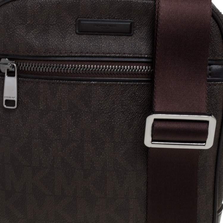 Pre Owned Michael Kors Brown Signature Coated Canvas and Leather Crossbody Bag