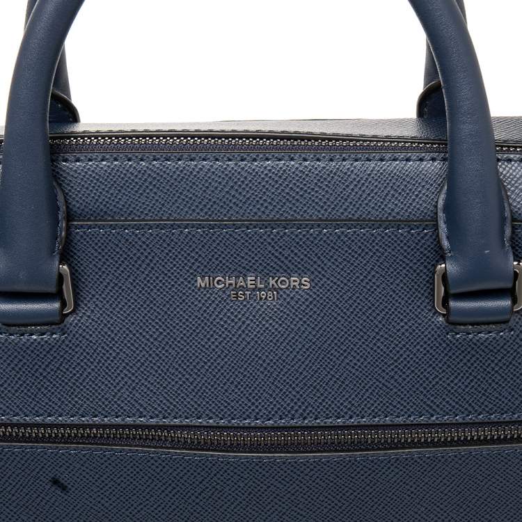 Pre Owned Michael Kors Navy Blue Leather Harrison Front Zip Briefcase