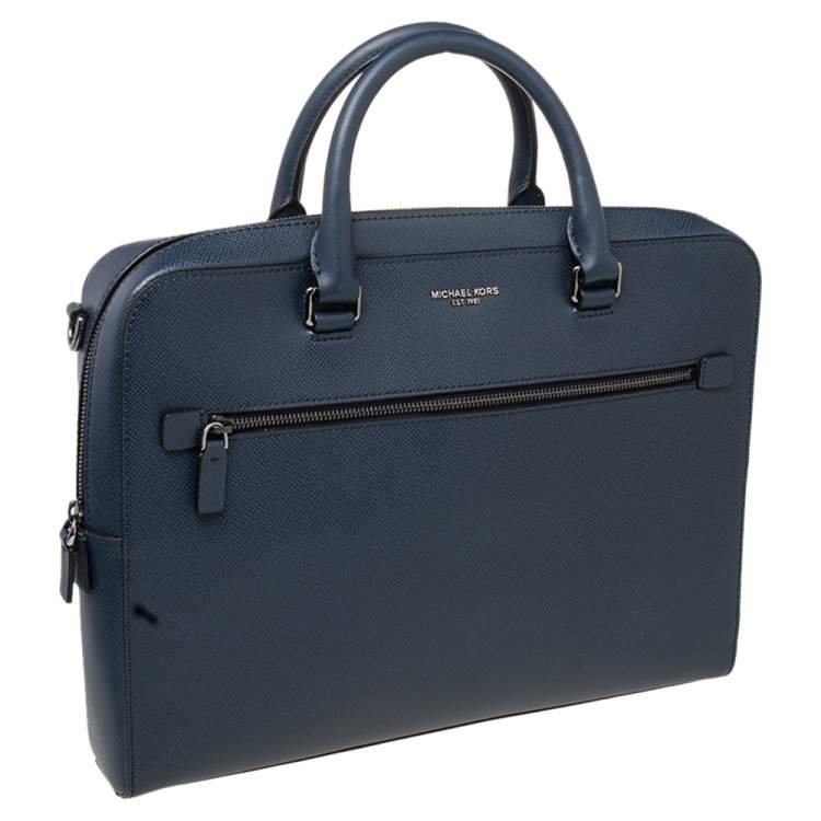 Pre Owned Michael Kors Navy Blue Leather Harrison Front Zip Briefcase