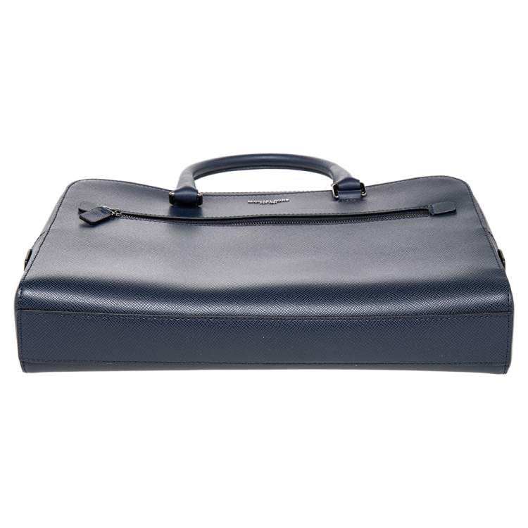 Pre Owned Michael Kors Navy Blue Leather Harrison Front Zip Briefcase
