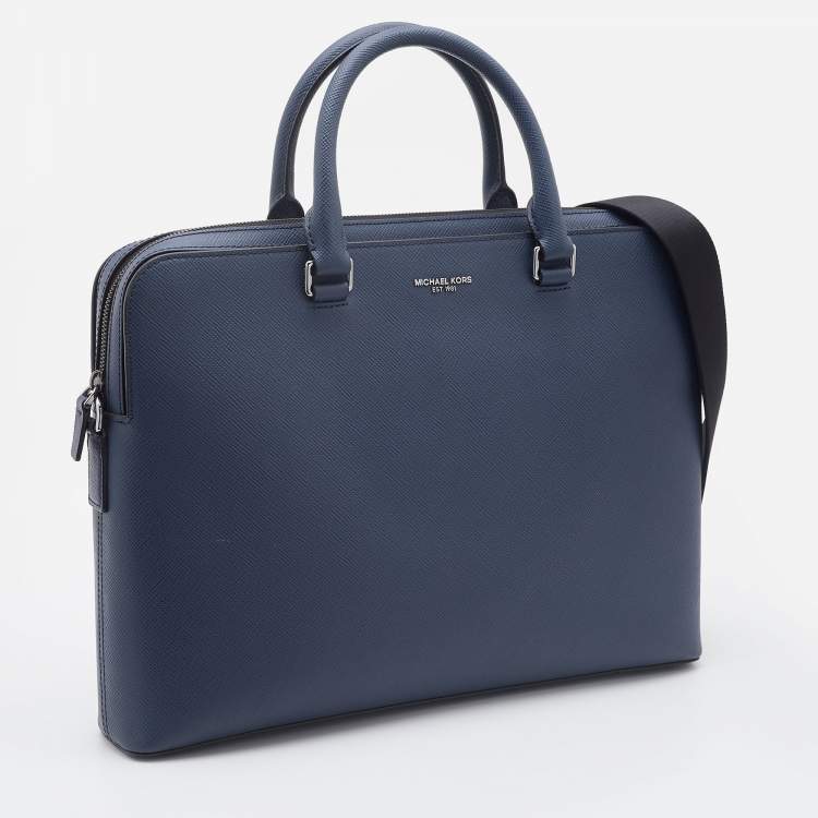 Pre Owned Michael Kors Navy Blue Saffiano Leather Harrison Briefcase Bag