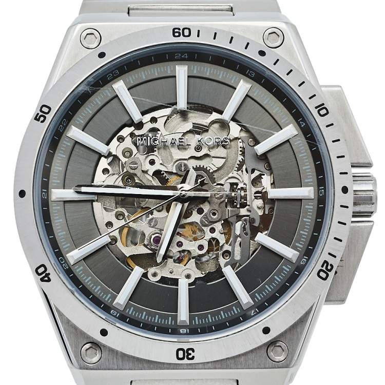 Pre Owned Michael Kors Grey Stainless Steel Transparent Wilder Skeleton MK9021 Men's Wristwatch 44 mm
