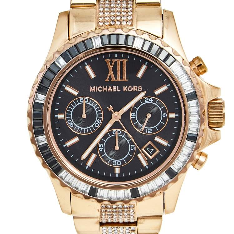 Pre Owned Michael Kors Black Rose Gold Plated Stainless Steel Everest MK5875 Women's Wristwatch 42 mm