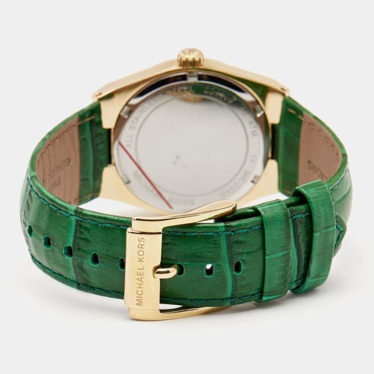 Pre Owned Michael Kors Green Gold Plated Stainless Steel Leather Channing MK2356 Unisex Wristwatch 38 mm 