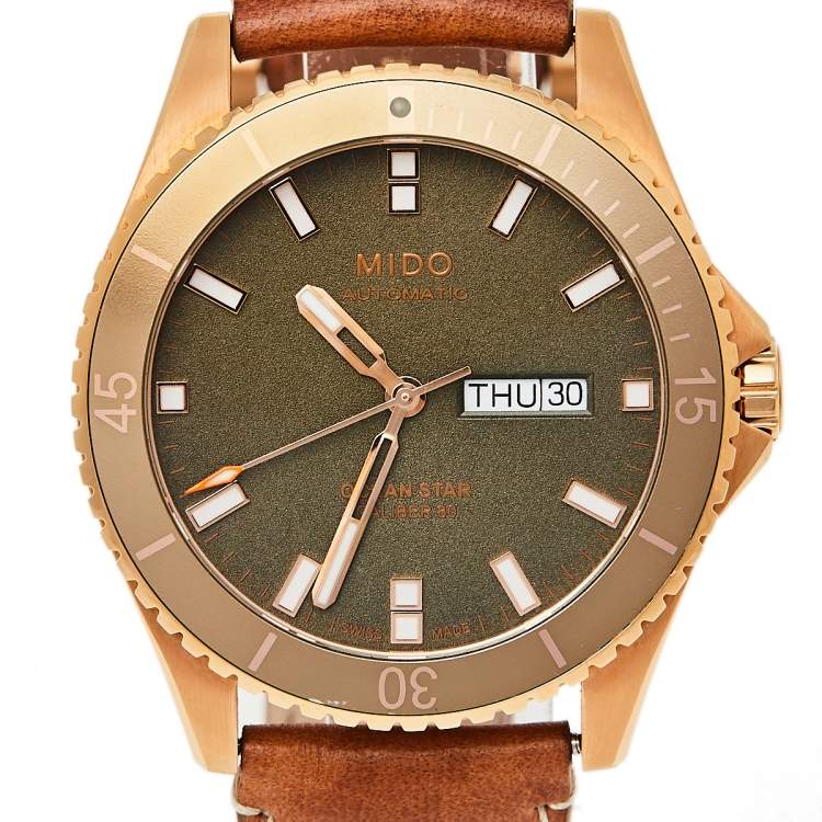 Pre Owned Mido Green Rose Gold PVD Stainless Steel Leather Ocean Star M026.430.36.091.00 Men's Wristwatch 42.5 mm