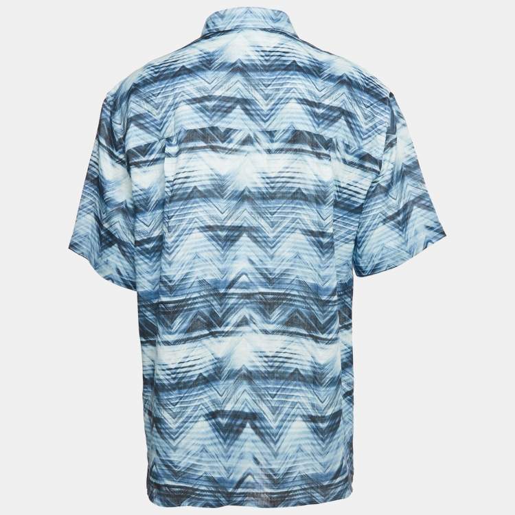 Pre Owned Missoni Blue Macro Chevron Print Linen Short Sleeve Button Front XL