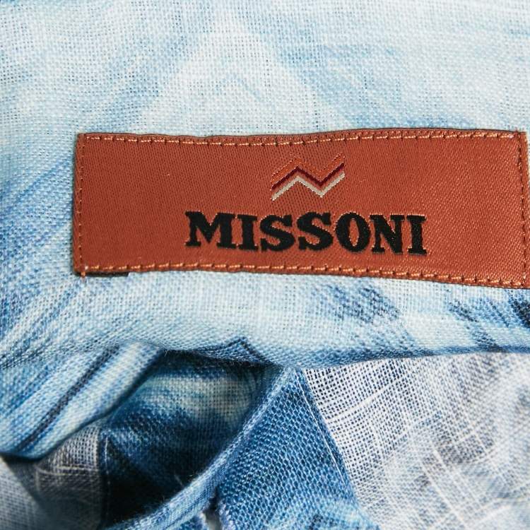 Pre Owned Missoni Blue Macro Chevron Print Linen Short Sleeve Button Front XL