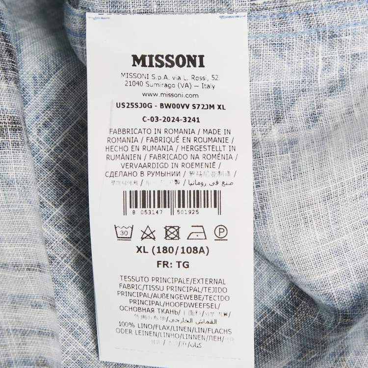 Pre Owned Missoni Blue Macro Chevron Print Linen Short Sleeve Button Front XL