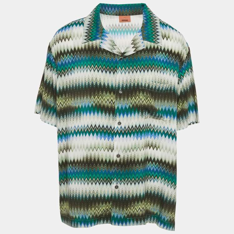 Pre Owned Missoni Green Zig Zag Print Crepe Short Sleeve Shirt XXL