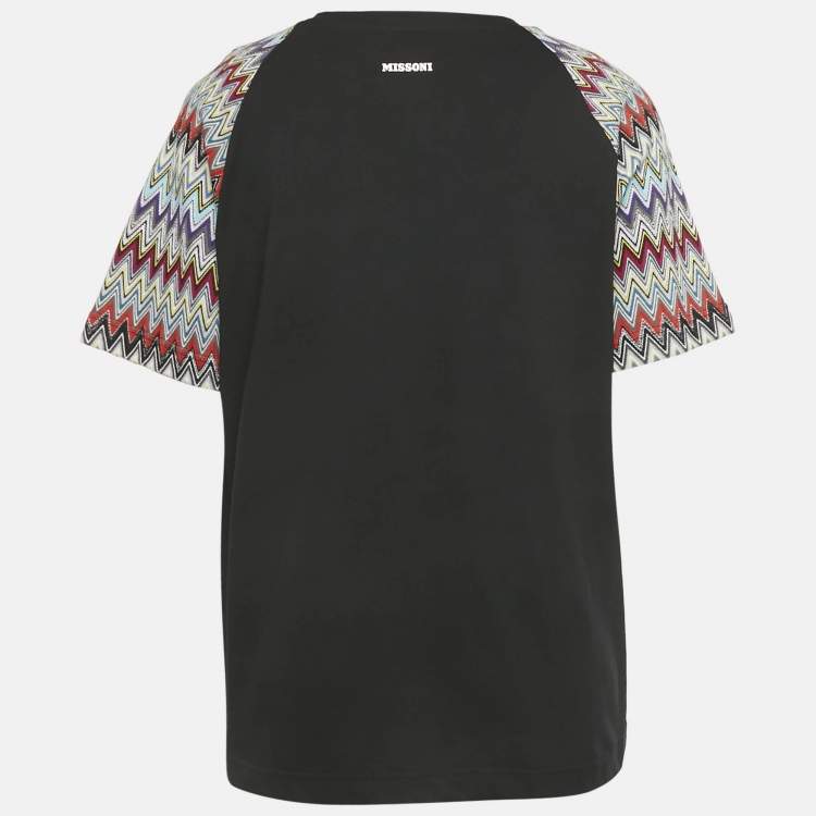 Pre Owned Missoni Black Zig Zag Knit Inserts Cotton Crewneck T-Shirt M