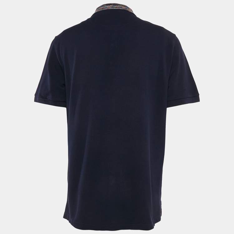 Pre Owned Missoni Navy Blue Cotton Pique Patterned Collar Polo T-Shirt XL