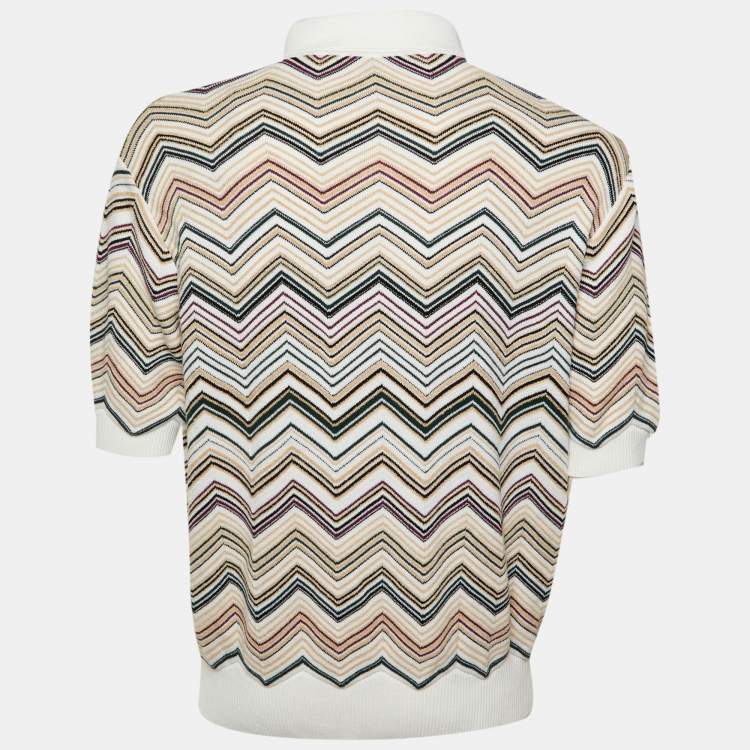 Pre Owned Missoni White Chevron Cotton Knit Polo T-Shirt M