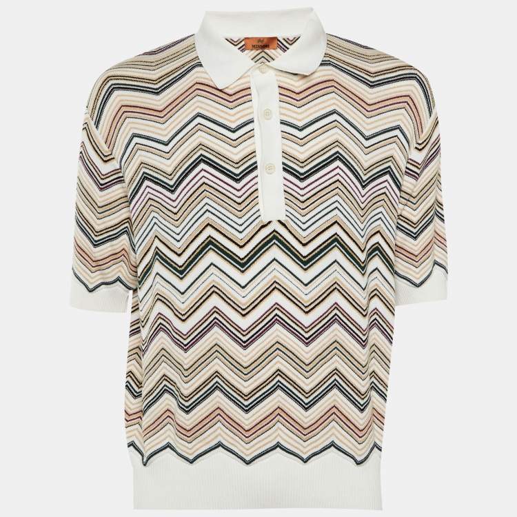 Pre Owned Missoni White Chevron Cotton Knit Polo T-Shirt M