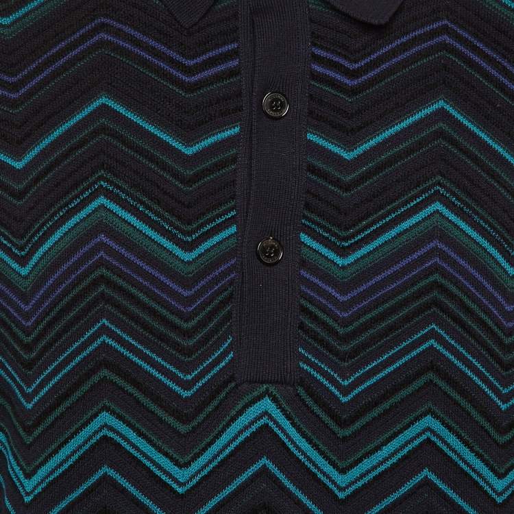 Pre Owned Missoni Navy Blue Chevron Cotton Knit Polo T-Shirt M