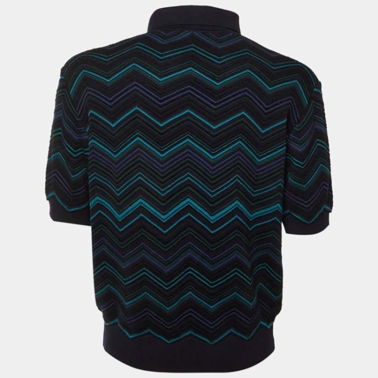 Pre Owned Missoni Navy Blue Chevron Cotton Knit Polo T-Shirt M