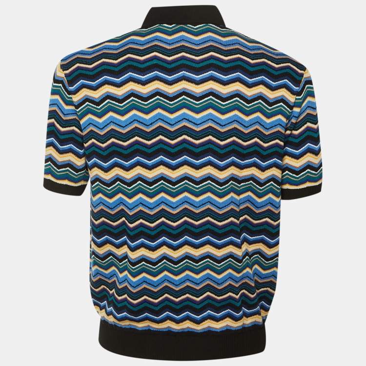 Pre Owned Missoni Black/Blue Chevron Knit Polo T-Shirt L