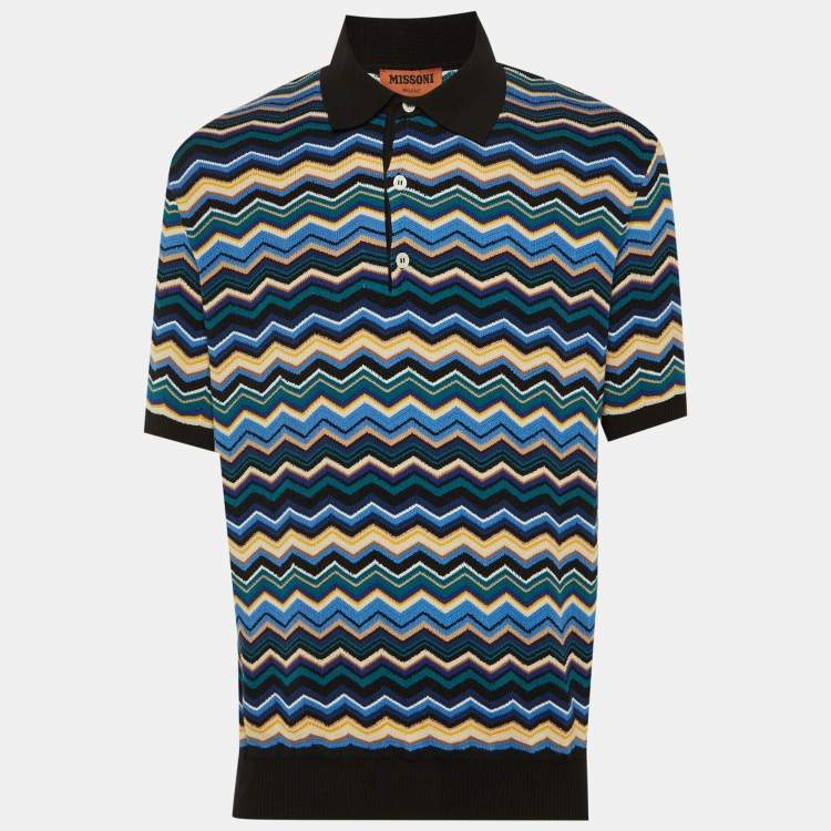 Pre Owned Missoni Black/Blue Chevron Knit Polo T-Shirt L