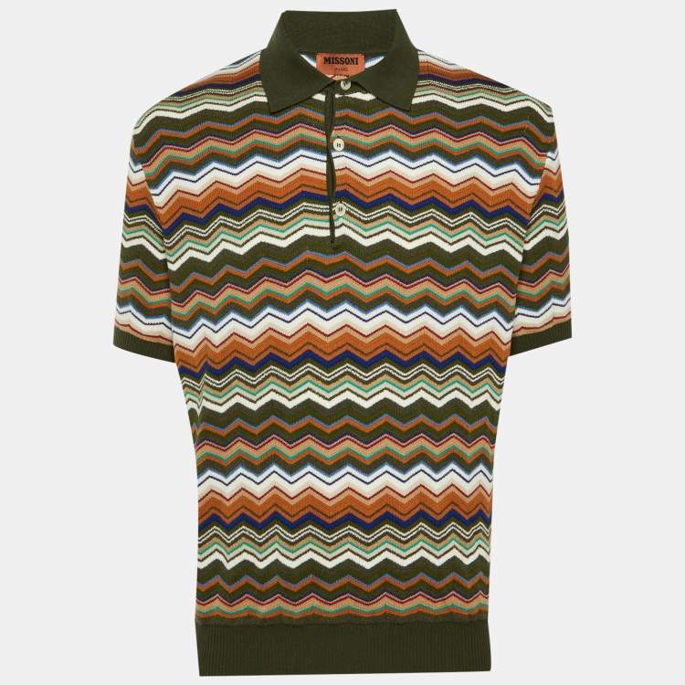 مملوكة مسبقًا Missoni Olive Green Chevron Knit Polo T-Shirt L
