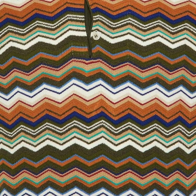 Pre Owned Missoni Olive Green Chevron Knit Polo T-Shirt M