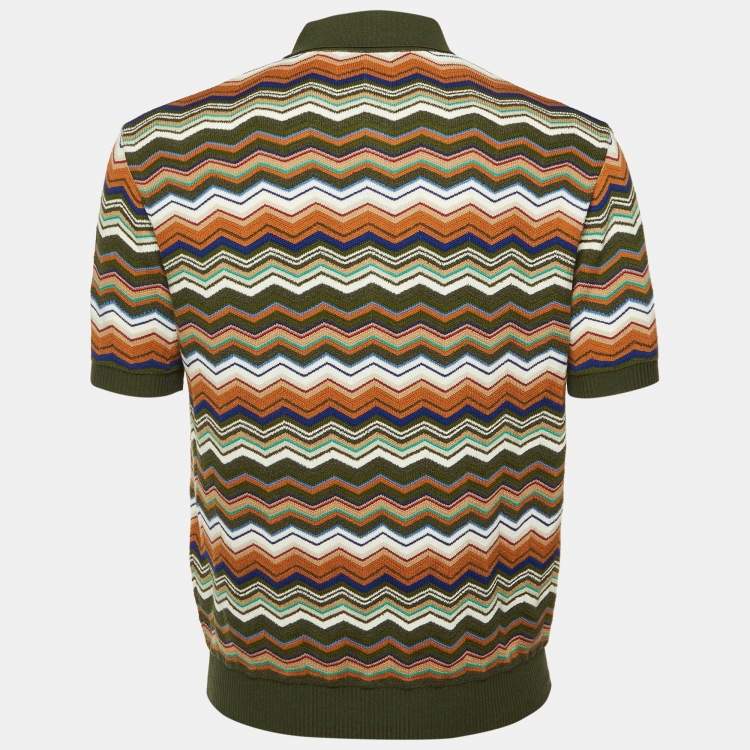 Pre Owned Missoni Olive Green Chevron Knit Polo T-Shirt M