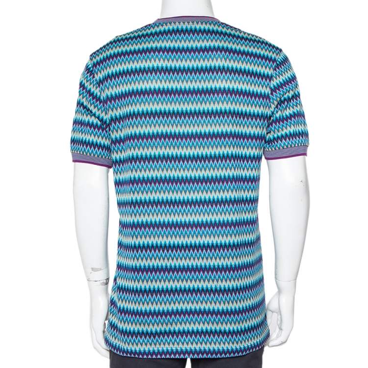 Pre Owned Missoni Blue Chevron Patterned Cotton Knit Roundneck T-Shirt XL