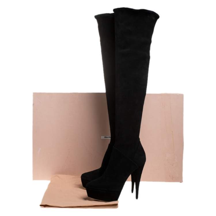 Pre Owned Miu Miu Black Suede Over The Knee Platform Boots Size 39