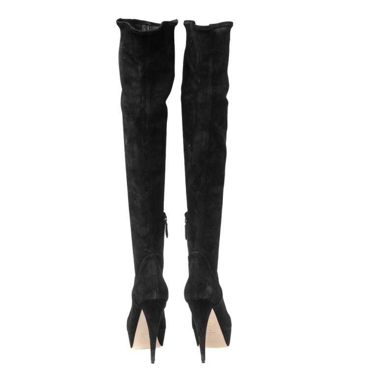 Pre Owned Miu Miu Black Suede Over The Knee Platform Boots Size 39
