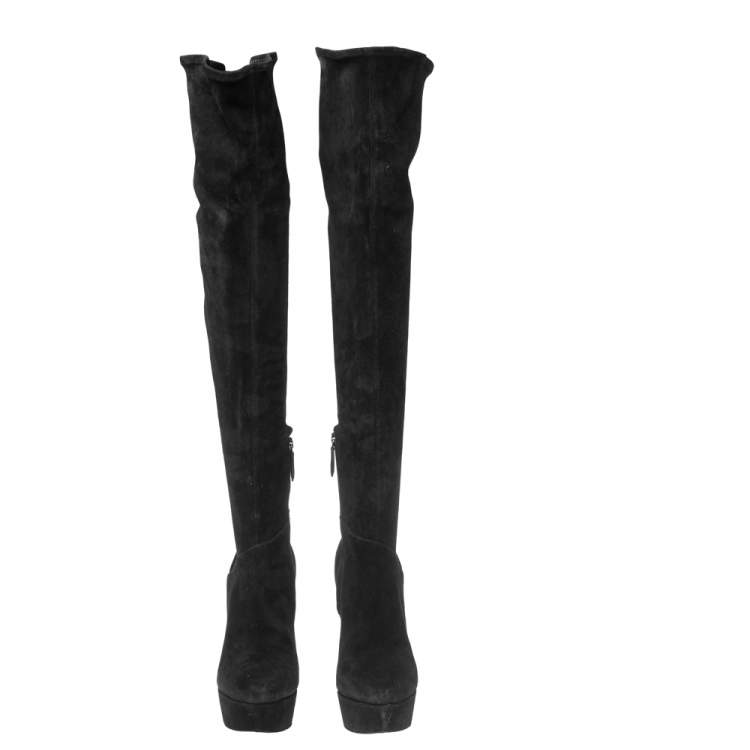 Pre Owned Miu Miu Black Suede Over The Knee Platform Boots Size 39