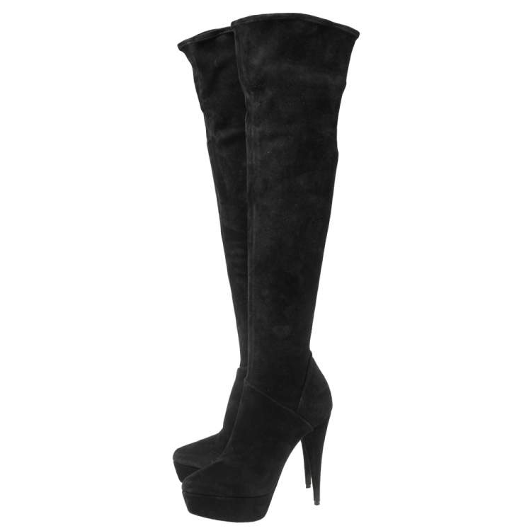 Pre Owned Miu Miu Black Suede Over The Knee Platform Boots Size 39