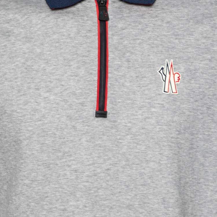 Pre Owned Moncler Grenoble Grey Cotton Logo Applique Zip Front Polo T-Shirt XXL