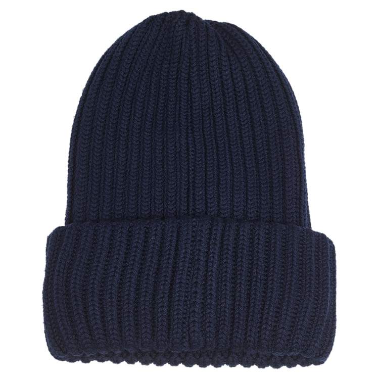 Pre Owned Moncler Navy Blue Ribbed Wool & Synthetic Pocket Patch Detail Beanie 