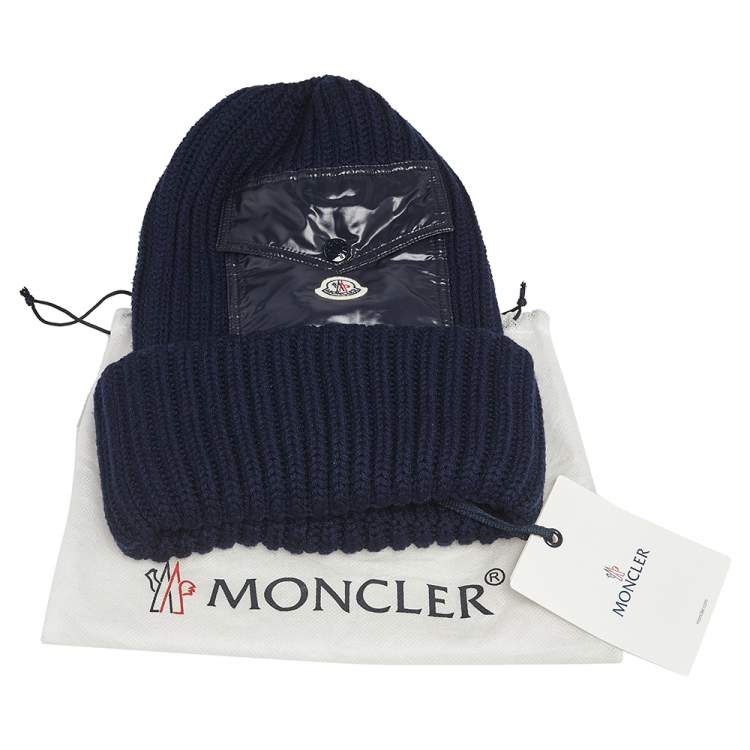 Pre Owned Moncler Navy Blue Ribbed Wool & Synthetic Pocket Patch Detail Beanie 