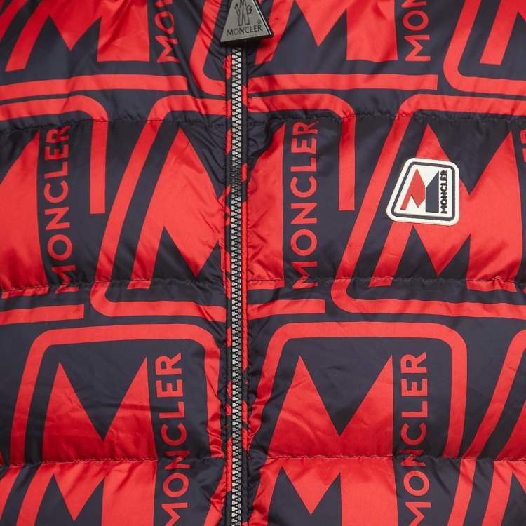Pre Owned Moncler Red/Black Printed Nylon Frioland Down Jacket L