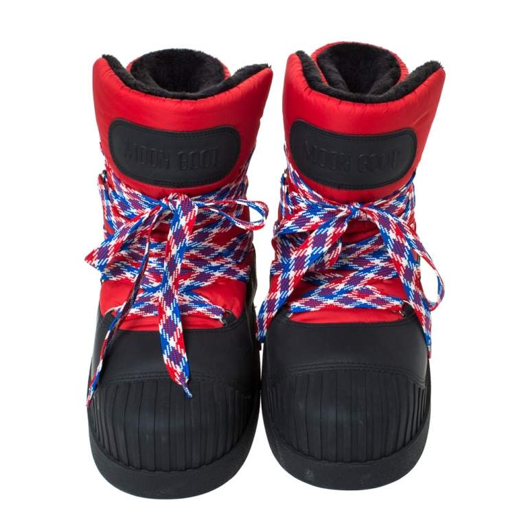 Pre Owned Moncler Uranus Red/Black Leather and Nylon Moon Boots Size 43