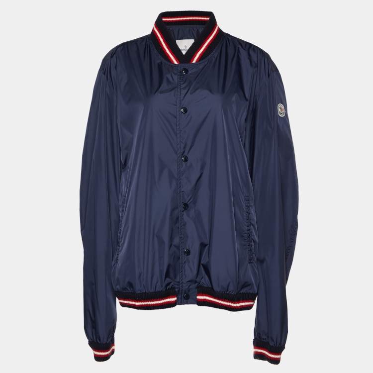 Pre Owned Moncler Navy Blue Synthetic Front Buttoned Varsity Jacket XXL