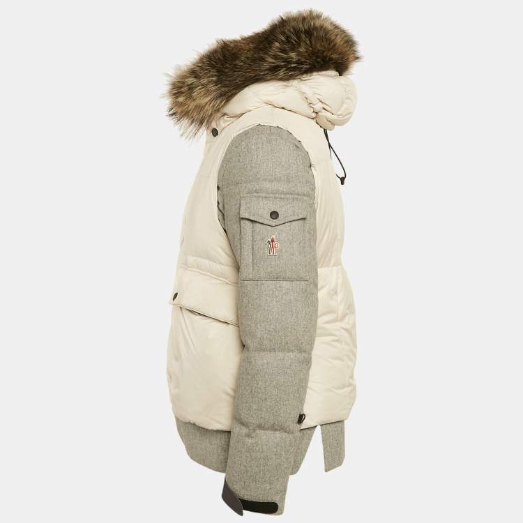 Pre Owned Moncler Beige Coyote Fur Trim Synthetic and Wool Colmiane Guibbotto Down Jacket L