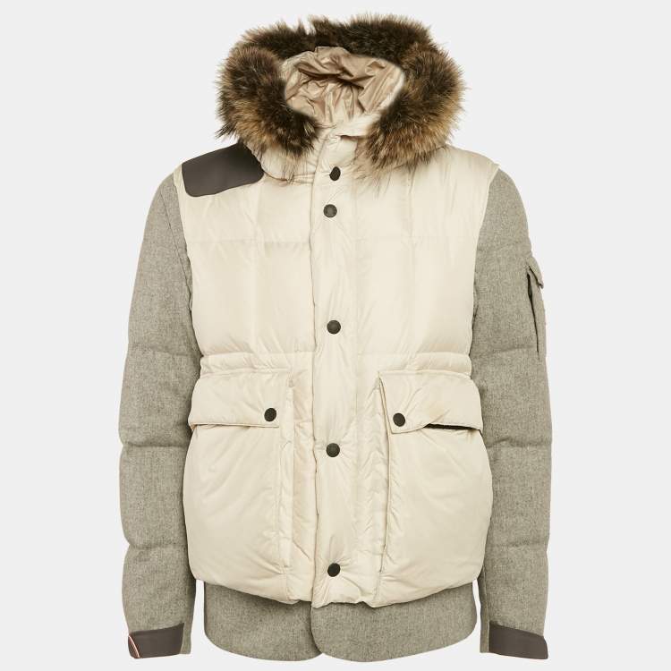 Pre Owned Moncler Beige Coyote Fur Trim Synthetic and Wool Colmiane Guibbotto Down Jacket L