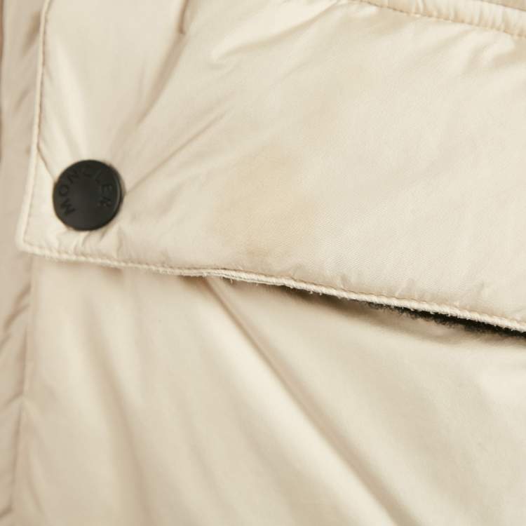 Pre Owned Moncler Beige Coyote Fur Trim Synthetic and Wool Colmiane Guibbotto Down Jacket L