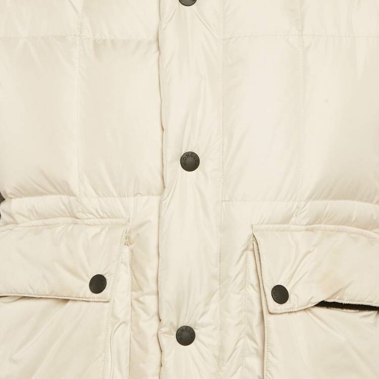 Pre Owned Moncler Beige Coyote Fur Trim Synthetic and Wool Colmiane Guibbotto Down Jacket L